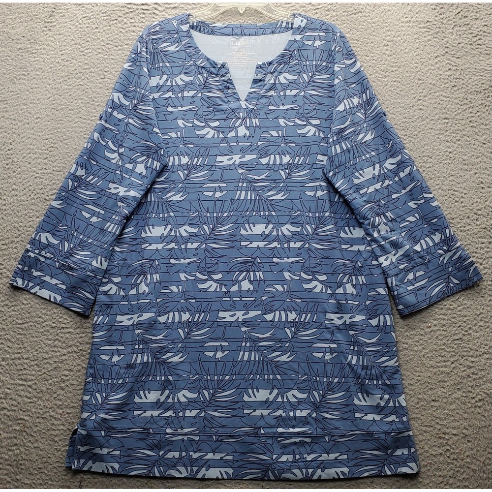 L.L. Bean Tunic Dress‎ Womens Large Multi Tropical Leaf Split V Neck Side Slit